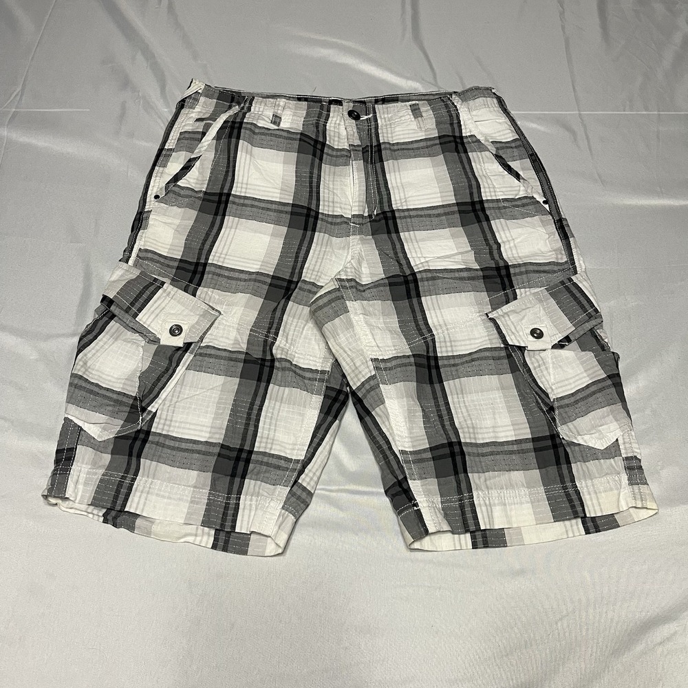 Helix Cargo Shorts Men's 34 Plaid White Black Baggy Skater Grunge Y2K